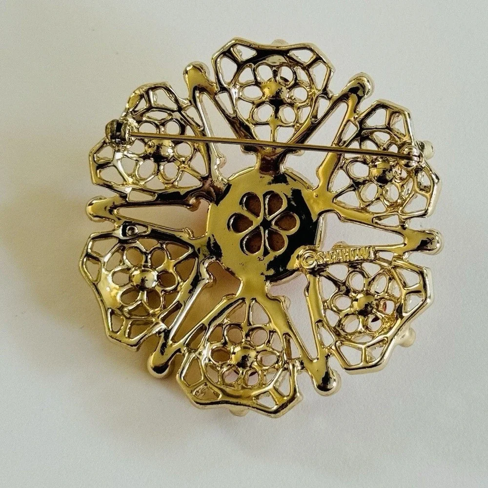 Sarah Coventry Regal Brooch Pin VTG Red gold Glass Cabochon Rhinestone Jeweled‎